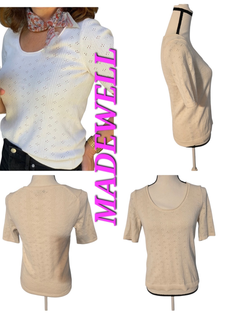 Madewell Women's Cream Eyelet Knit Short Sleeve Top